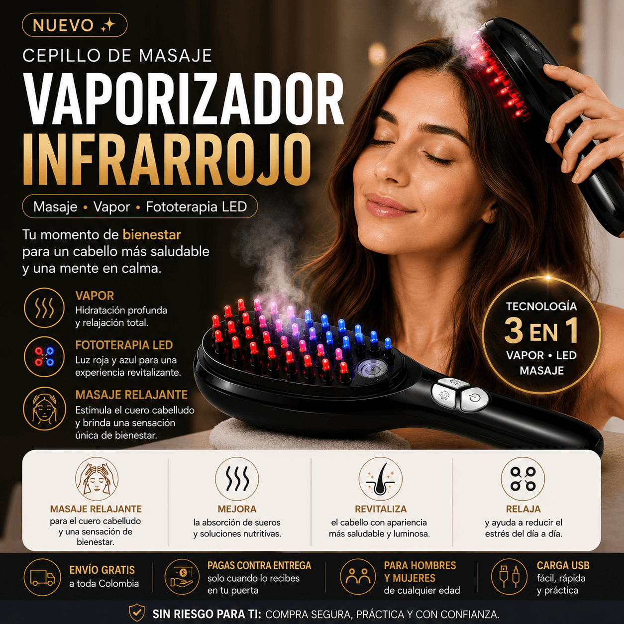 Cepillo Masajeador Capilar Eléctrico con Vapor y Luz LED | Luz Roja y Azul | Recargable | Hombres y Mujeres | Fototerapia + Vibración 10,000rpm